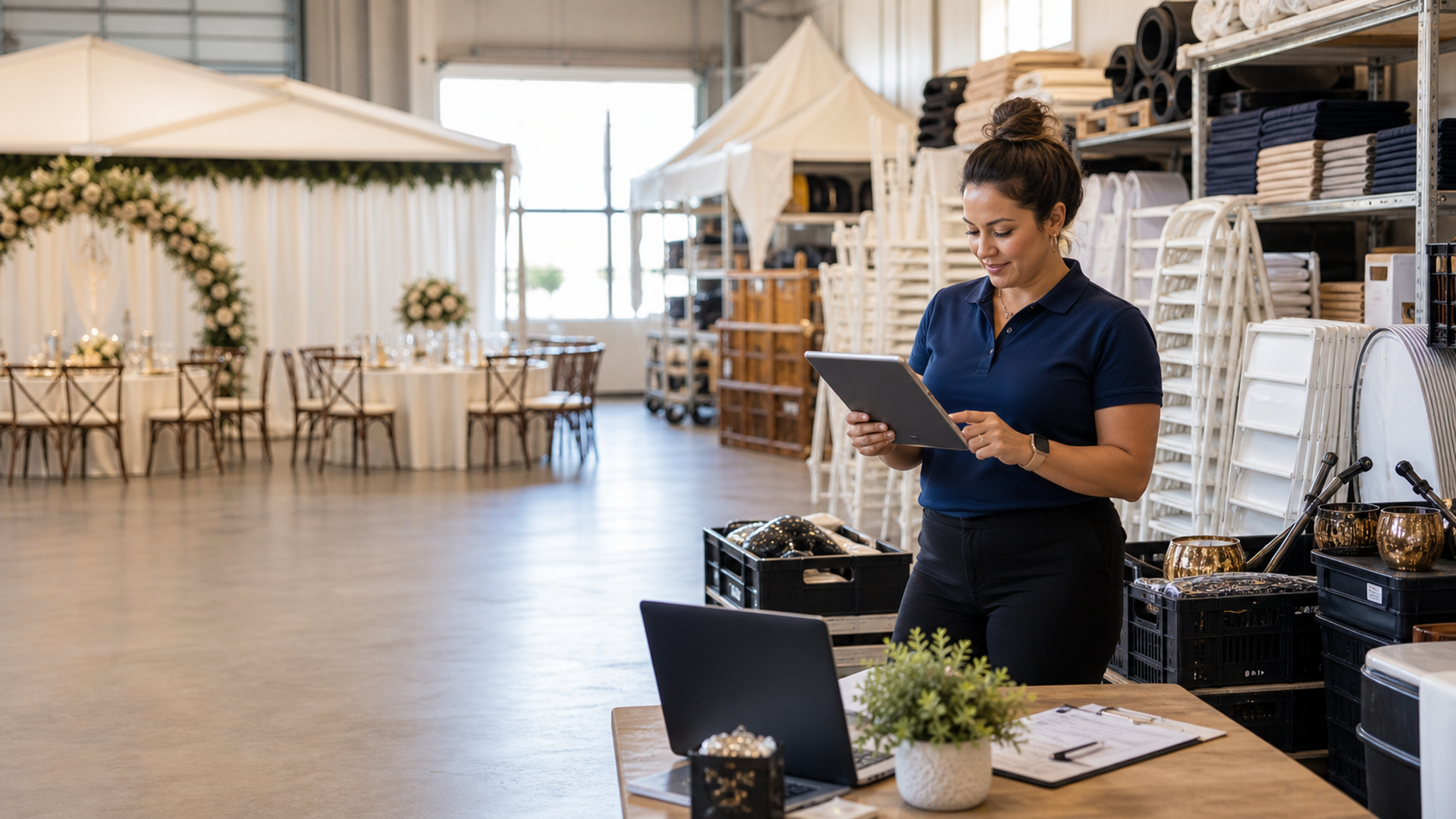Event rental business owner reviewing booking and inventory details in a professional warehouse and showroom.