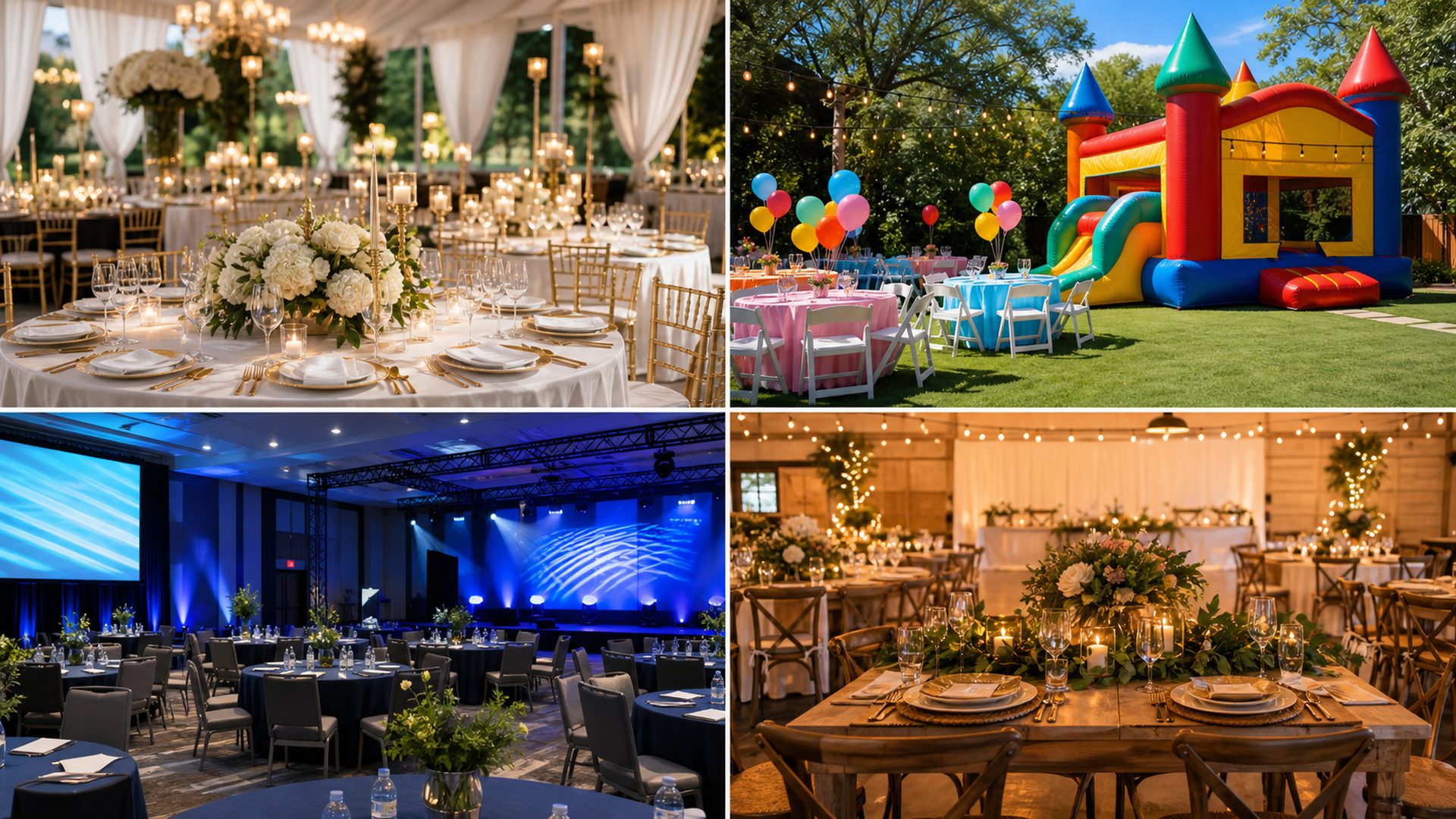 Realistic event rental setup previews for weddings, bounce houses, corporate events, and family celebrations.