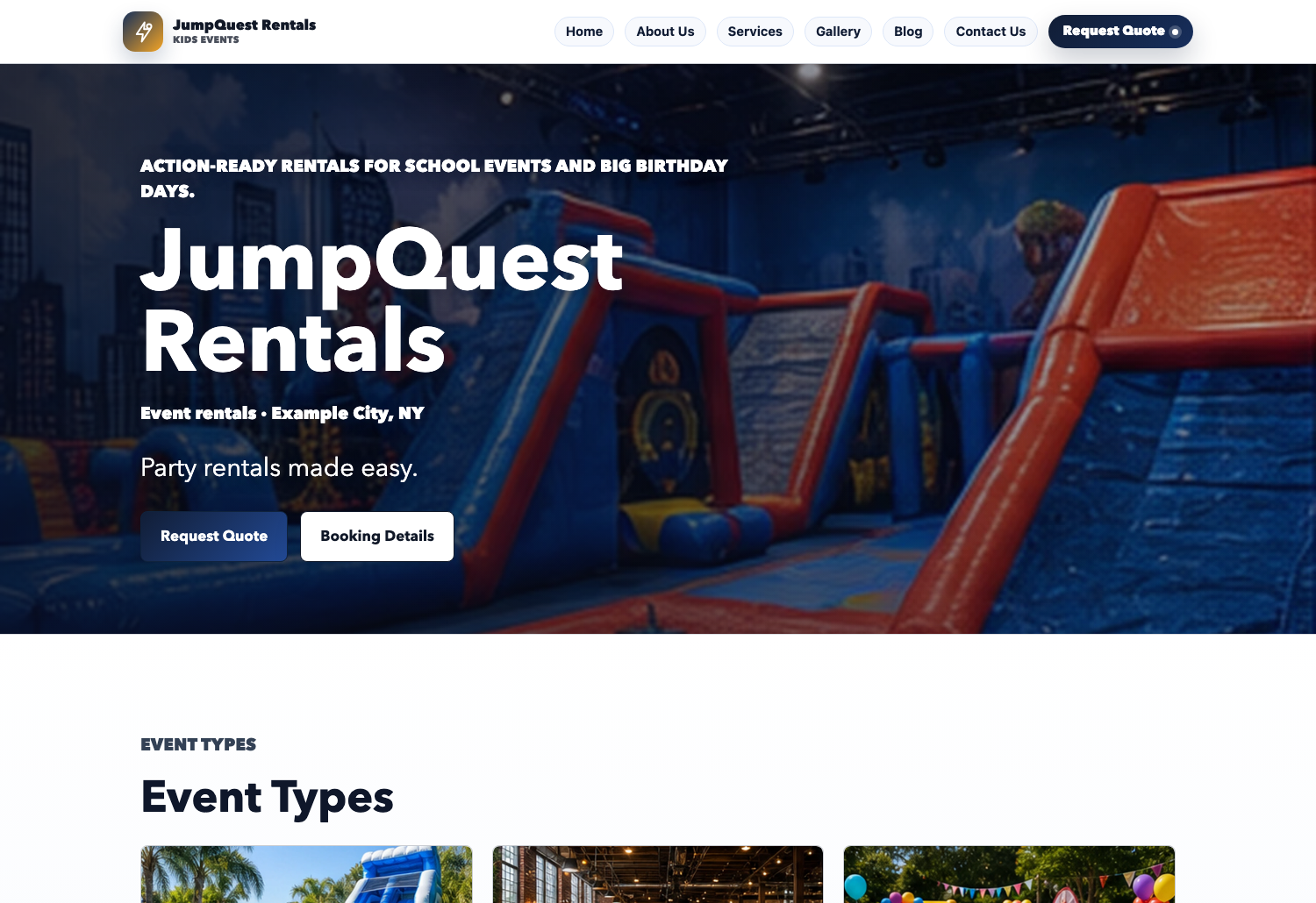 Adventure Superhero Eventodesk demo website screenshot preview with packages, gallery, and quote request sections.