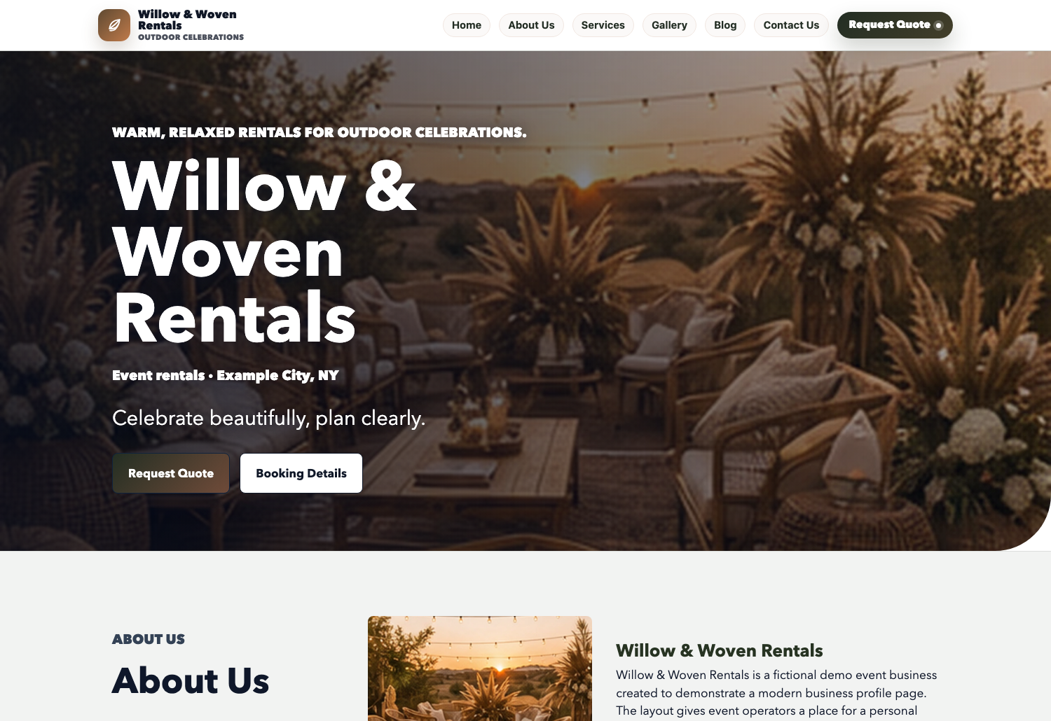Bohemian Wedding Eventodesk demo website screenshot preview with packages, gallery, and quote request sections.