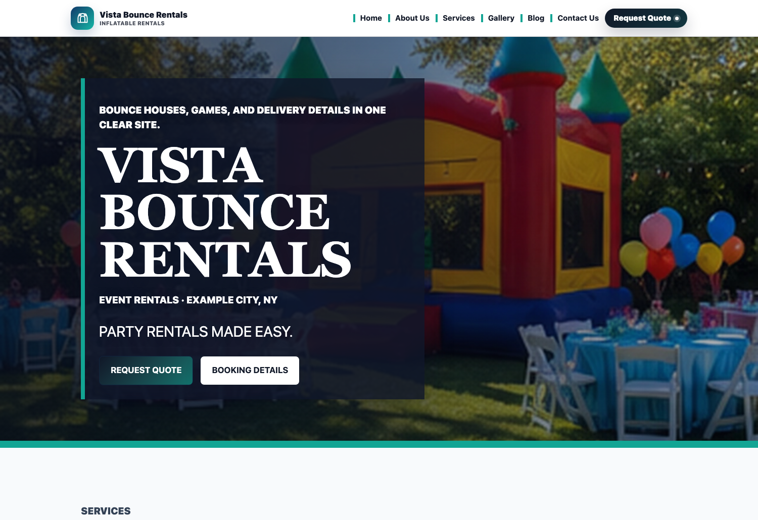 Bounce House Energy Eventodesk demo website screenshot preview with packages, gallery, and quote request sections.