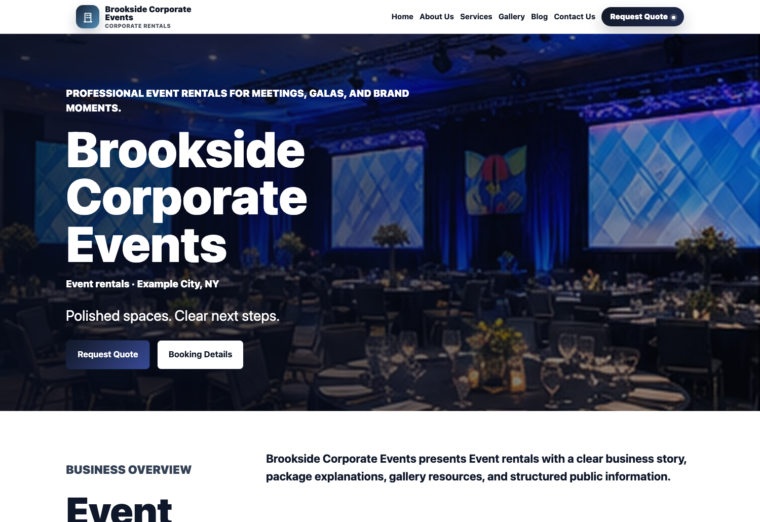 Corporate Modern Eventodesk demo website screenshot preview with packages, gallery, and quote request sections.