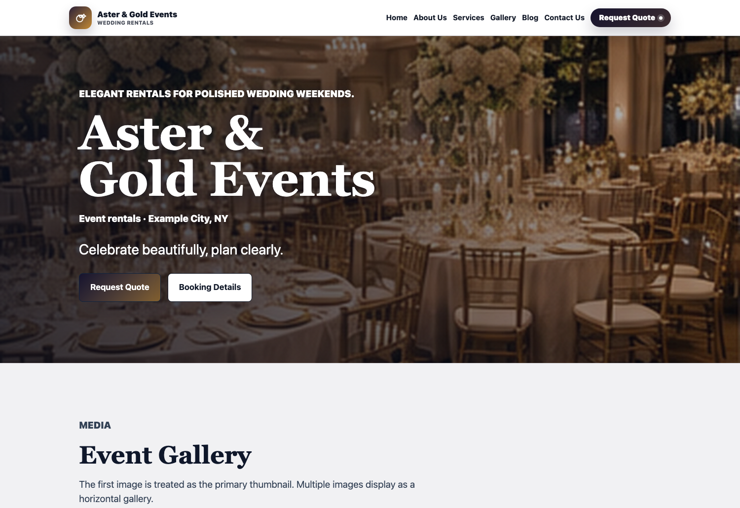Elegant Wedding Eventodesk demo website screenshot preview with packages, gallery, and quote request sections.