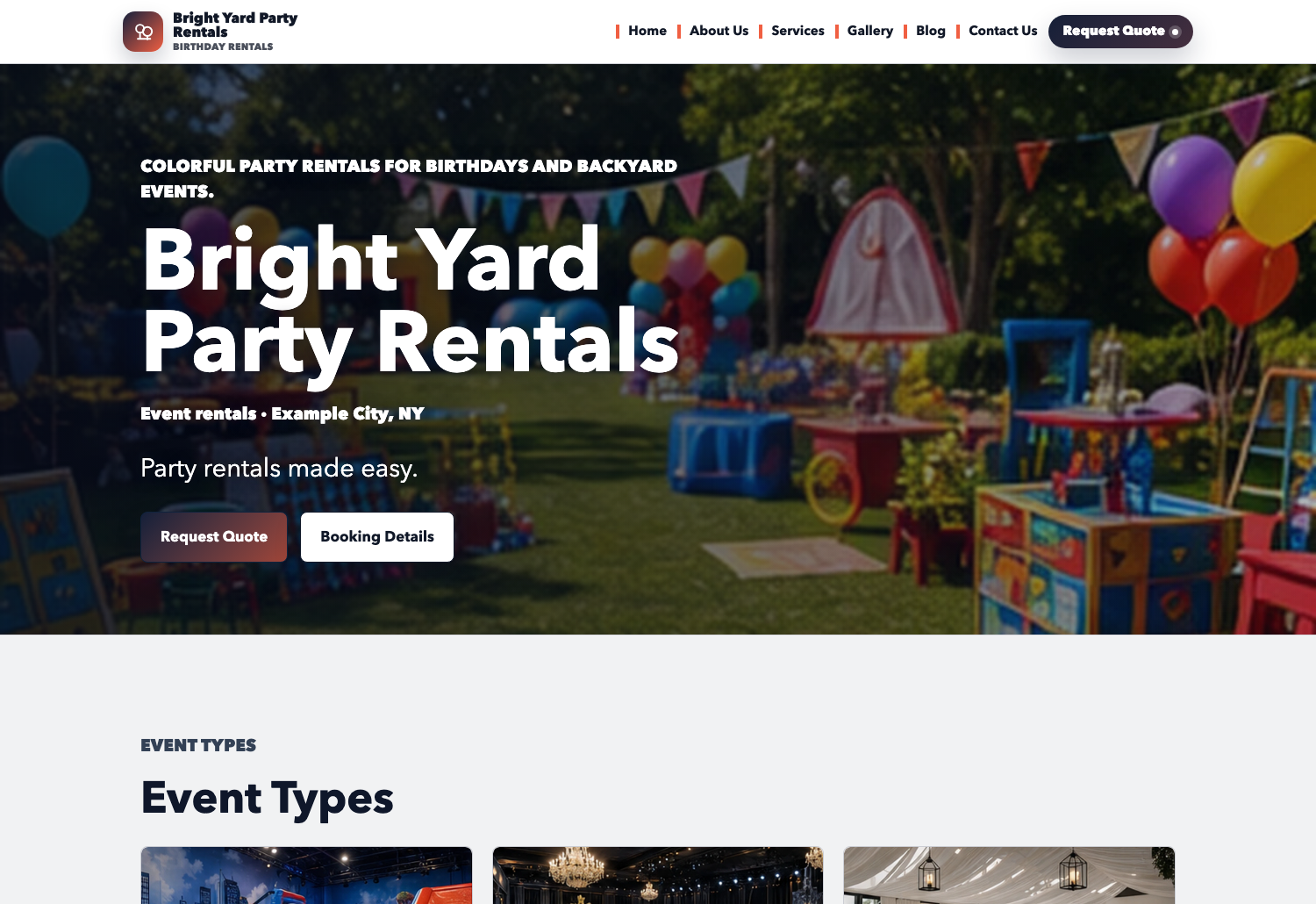 Festival Birthday Eventodesk demo website screenshot preview with packages, gallery, and quote request sections.