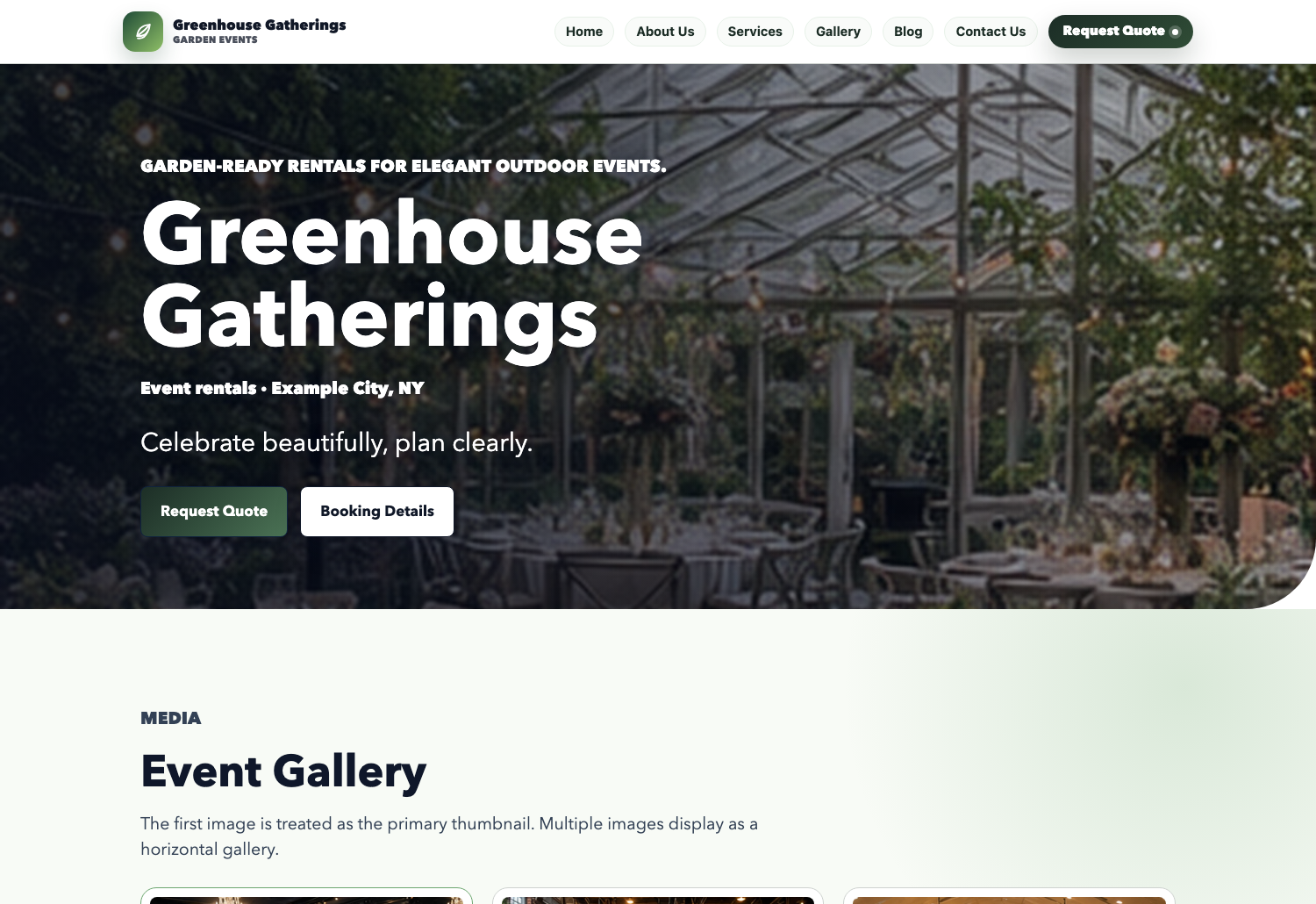 Garden Party Eventodesk demo website screenshot preview with packages, gallery, and quote request sections.