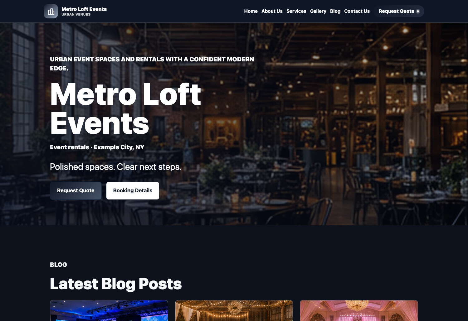 Industrial Urban Eventodesk demo website screenshot preview with packages, gallery, and quote request sections.