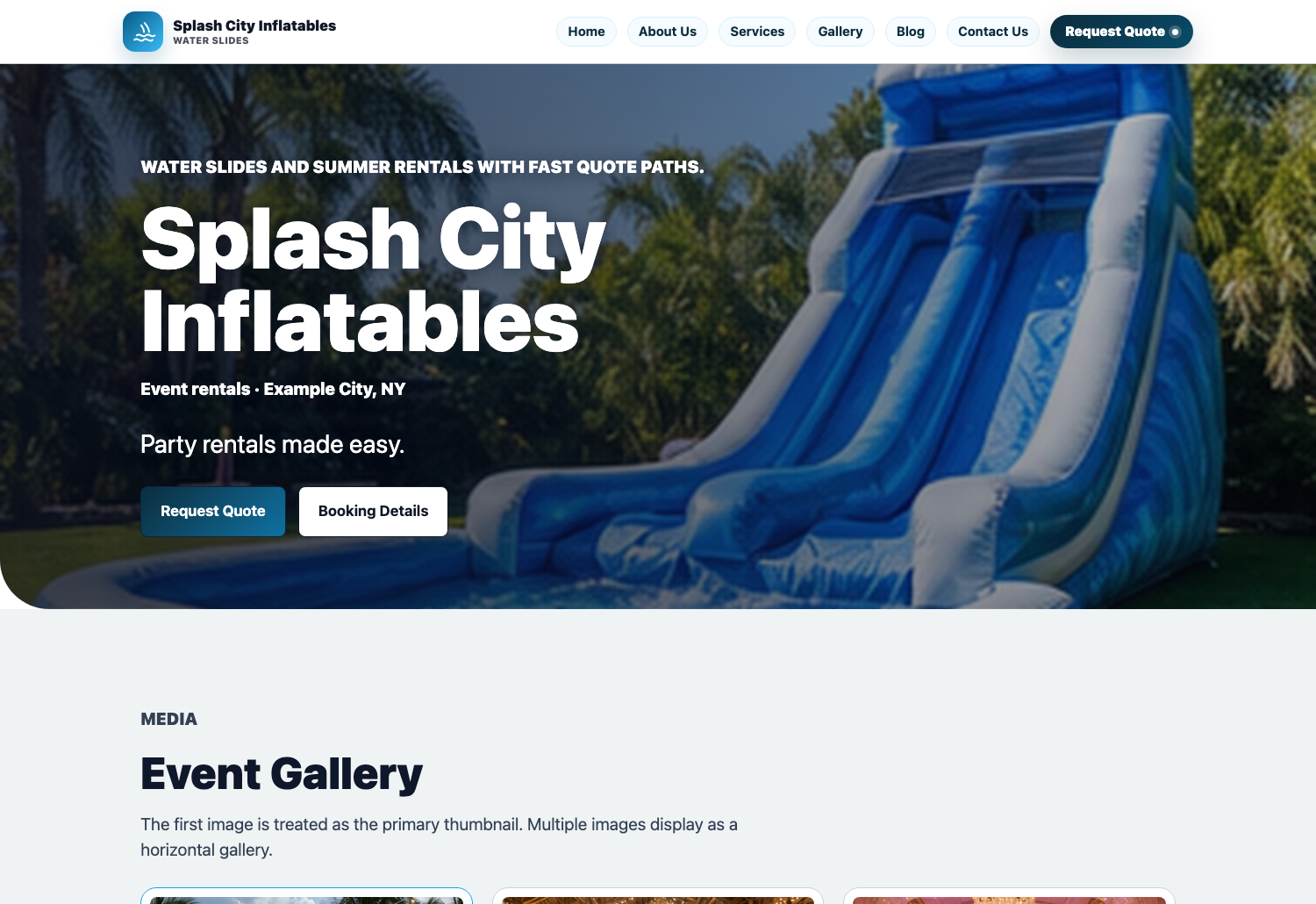 Inflatable Water Park Eventodesk demo website screenshot preview with packages, gallery, and quote request sections.