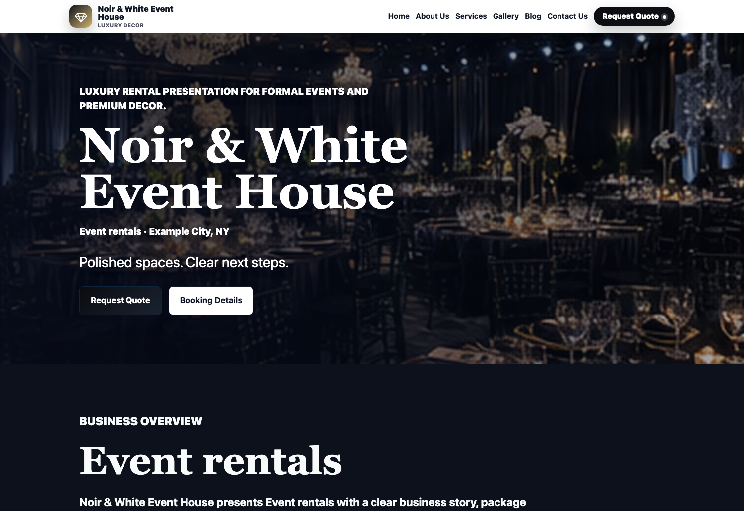 Luxury Black Tie Eventodesk demo website screenshot preview with packages, gallery, and quote request sections.
