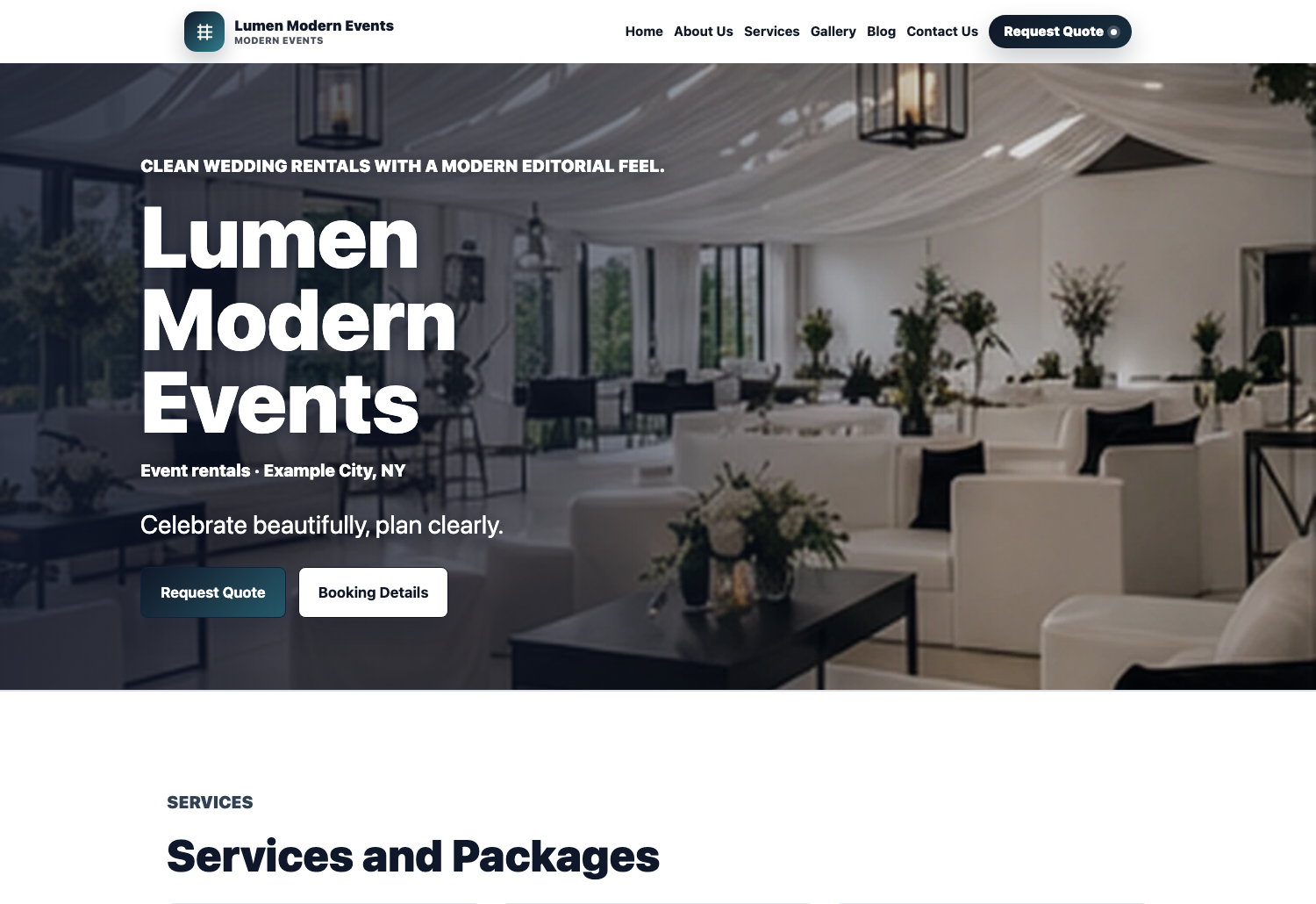 Modern Wedding Eventodesk demo website screenshot preview with packages, gallery, and quote request sections.