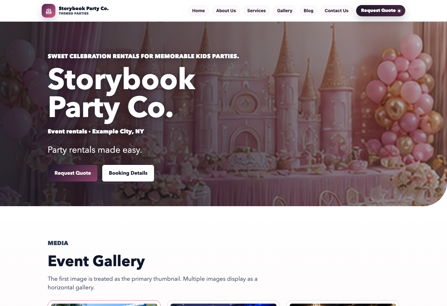 Princess Party Eventodesk demo website screenshot preview with packages, gallery, and quote request sections.