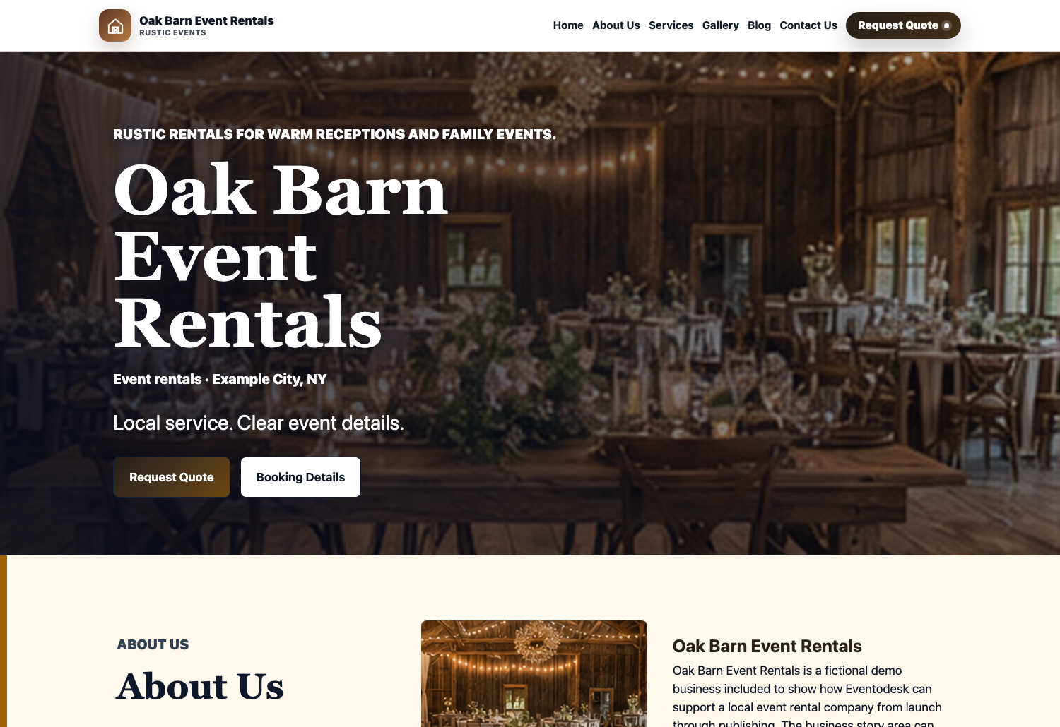 Rustic Barn Eventodesk demo website screenshot preview with packages, gallery, and quote request sections.
