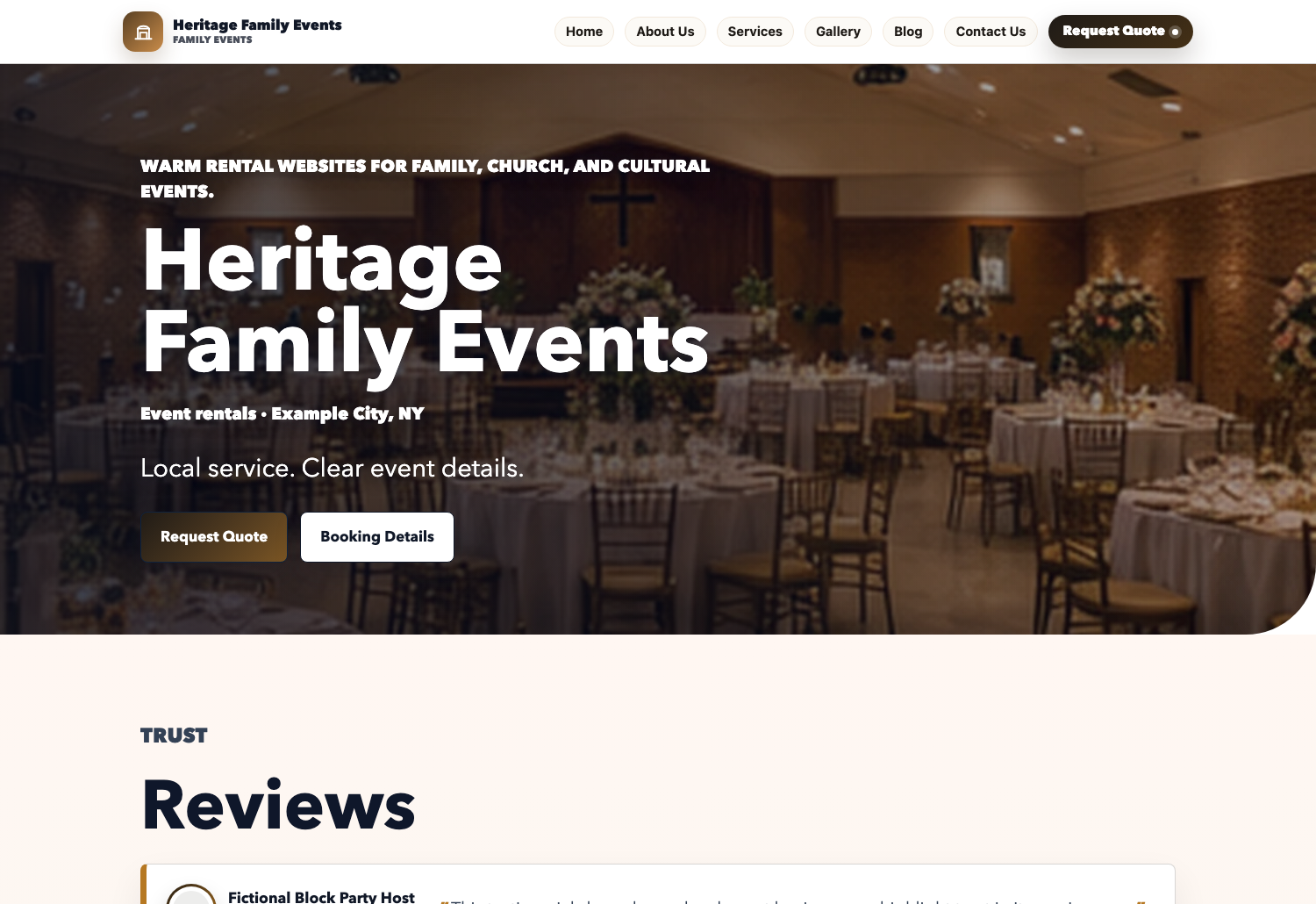 Traditional Family Celebration Eventodesk demo website screenshot preview with packages, gallery, and quote request sections.