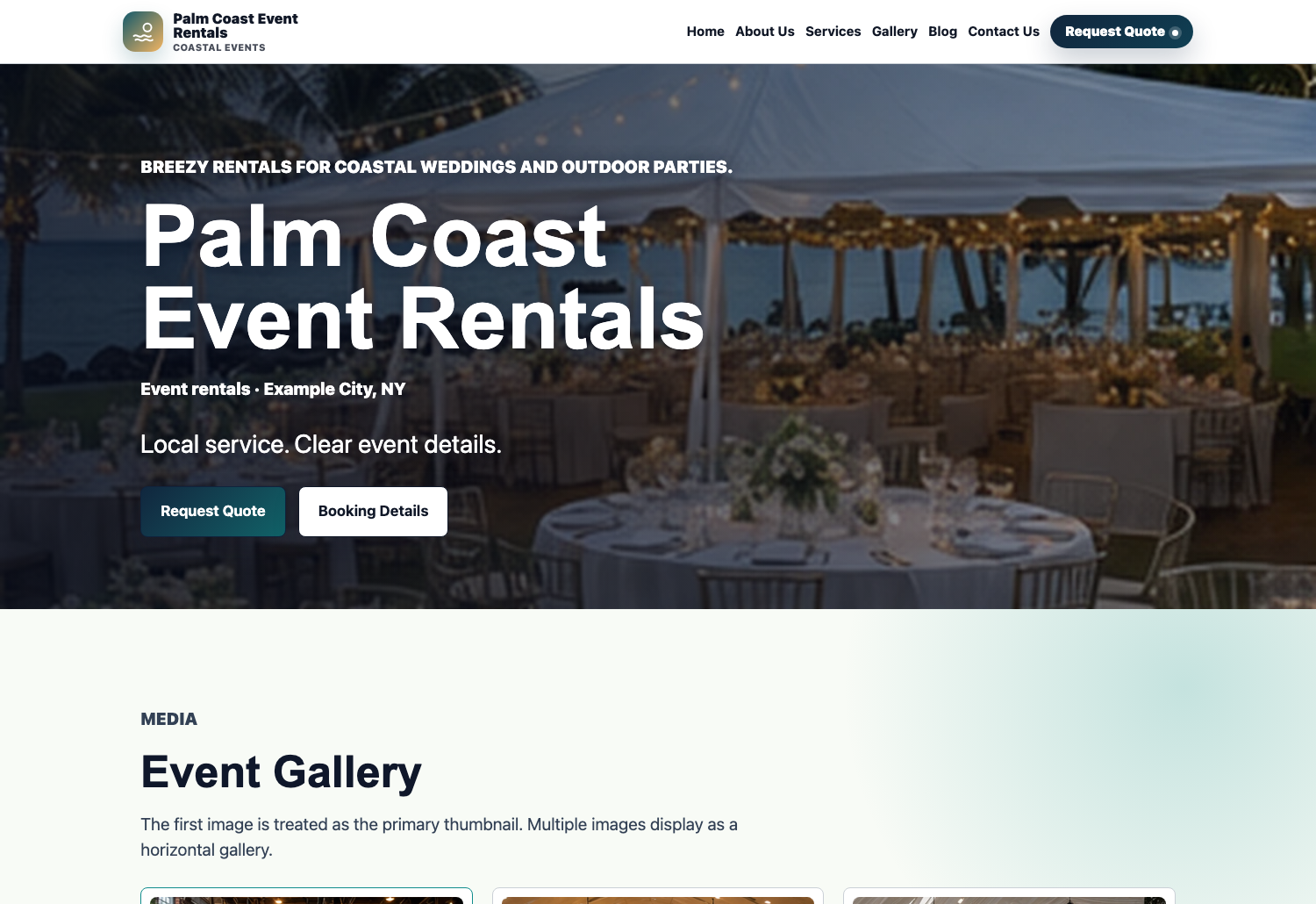 Tropical Coastal Eventodesk demo website screenshot preview with packages, gallery, and quote request sections.