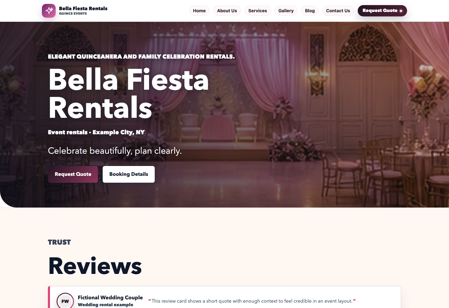 Vibrant Quinceanera Eventodesk demo website screenshot preview with packages, gallery, and quote request sections.